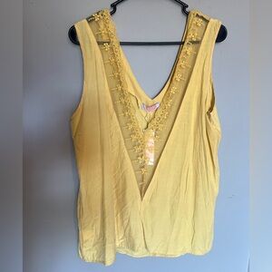 Yellow Lace Trim V-Neck Women's Top Size Large